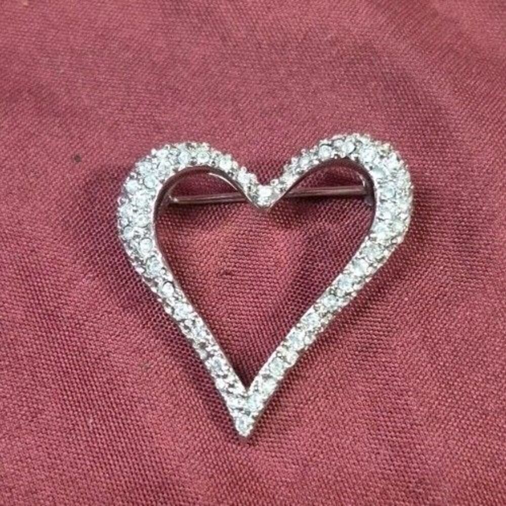 Vintage Swarovski Swan Signed Pave Crystal Open Heart Pin Brooch Silver Tone EUC